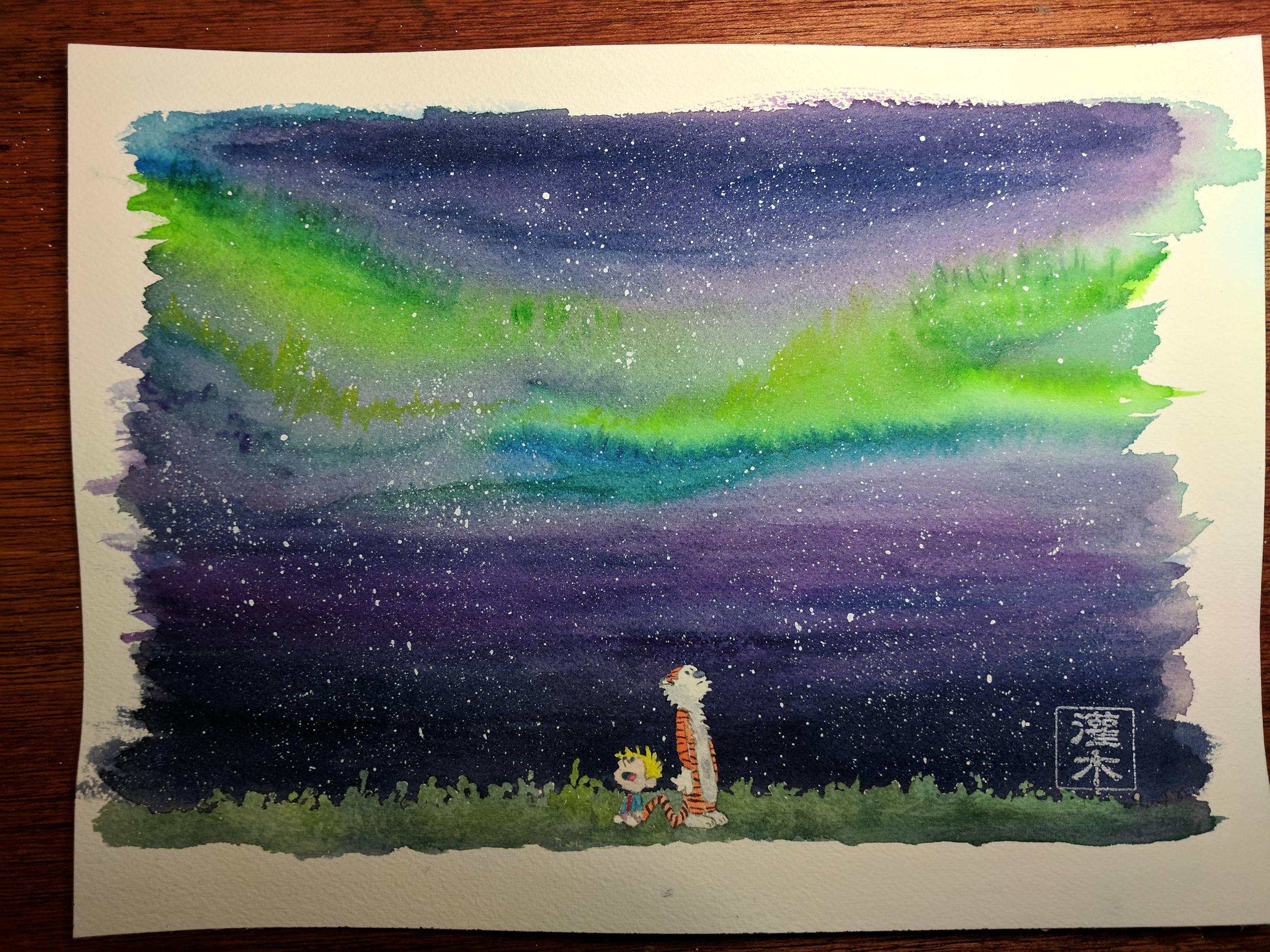 2834x2125 Calvin And Hobbes, Northern Lights [Watercoloracrylic 9x12