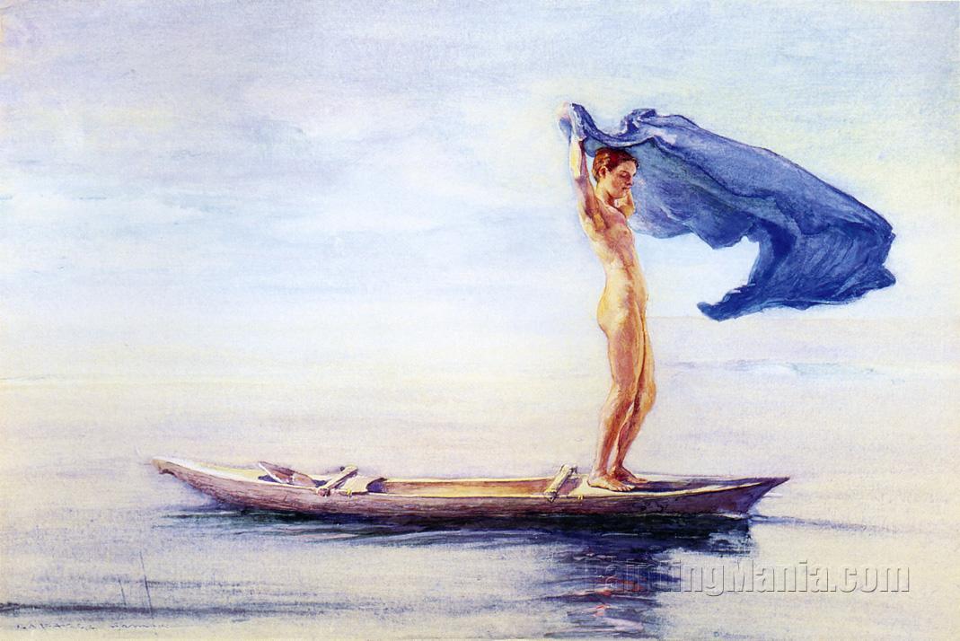 1069x714 Girl In Bow Of Canoe Spreading Out Her Loin Cloth For A Sail