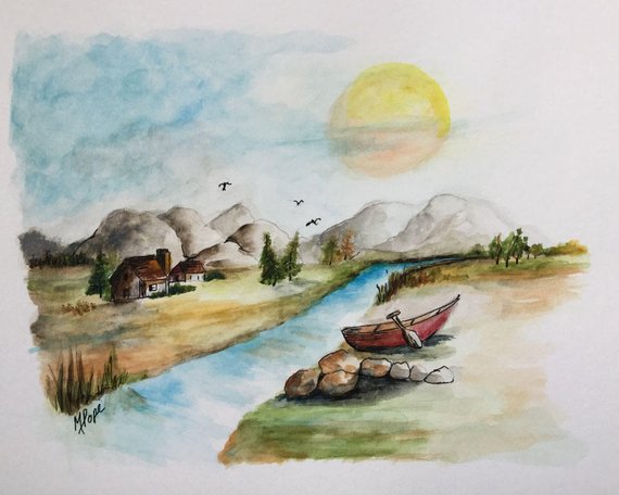 570x456 River And Canoe Watercolor Paintingriver Paintingcanoe Etsy
