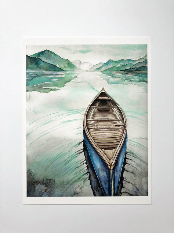 570x760 Watercolor Canoe On Mountain Lake Print Watercolor Blue Ridge Etsy
