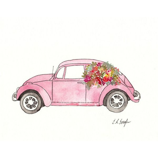600x600 Pink Volkswagen Beetle, Original Watercolor And Ink Painting, 8x10