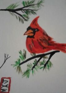 213x300 Red Cardinal In Evergreen Tree Aceo Original Watercolor Painting