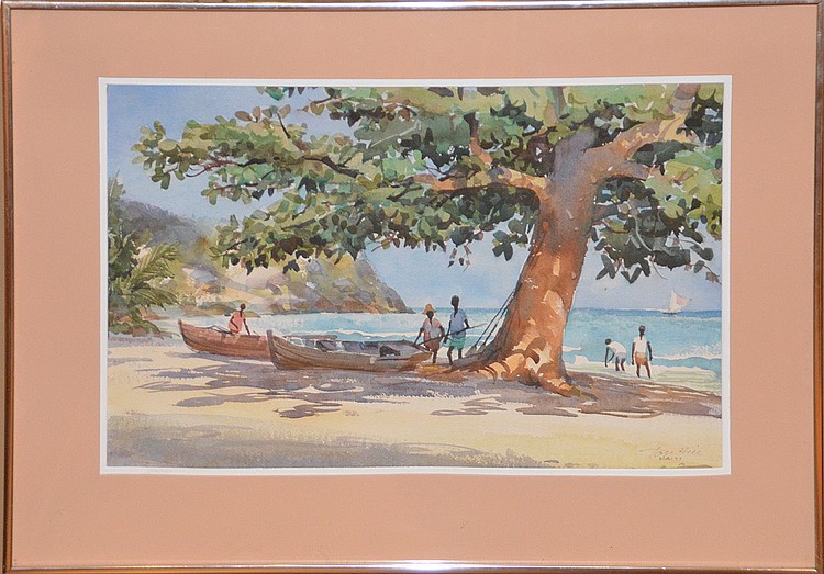750x523 Tom Hill (American, B.1925) Watercolor, Caribbean Beach Scen