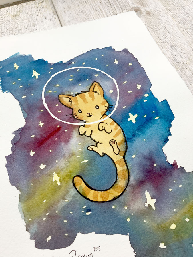 675x900 Galaxy Cat Watercolor Painting