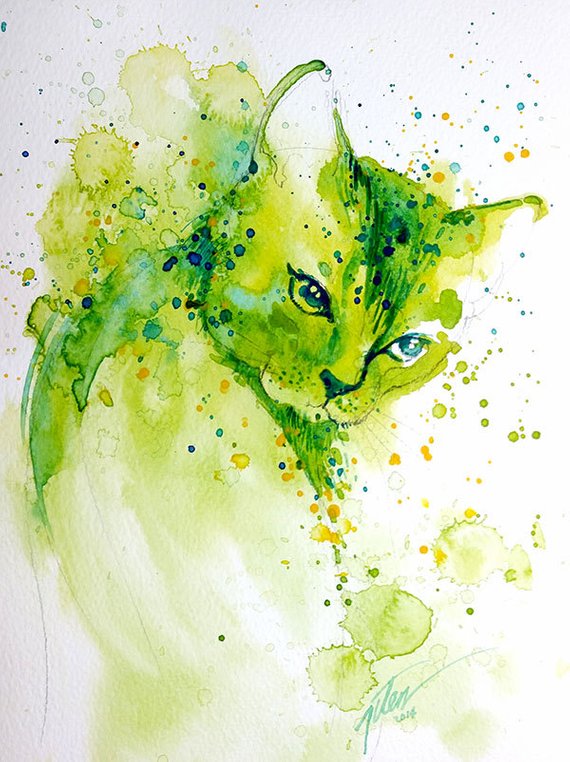 570x762 Green Cat Watercolor Painting A4 8.3 X 11.7 Inches Art Etsy