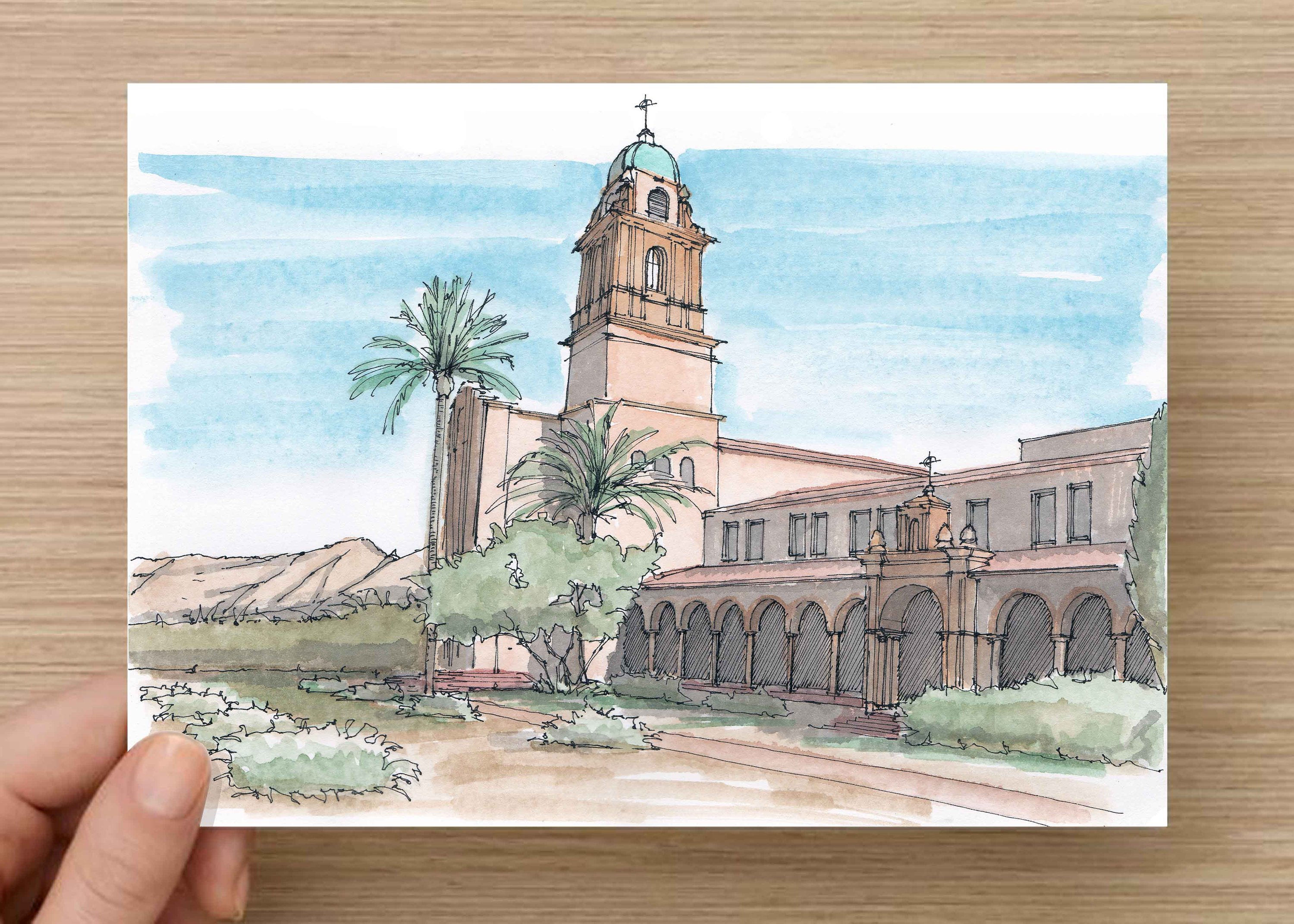 3000x2143 Ink And Watercolor Drawing Of Bendictine Monastery In Tucson
