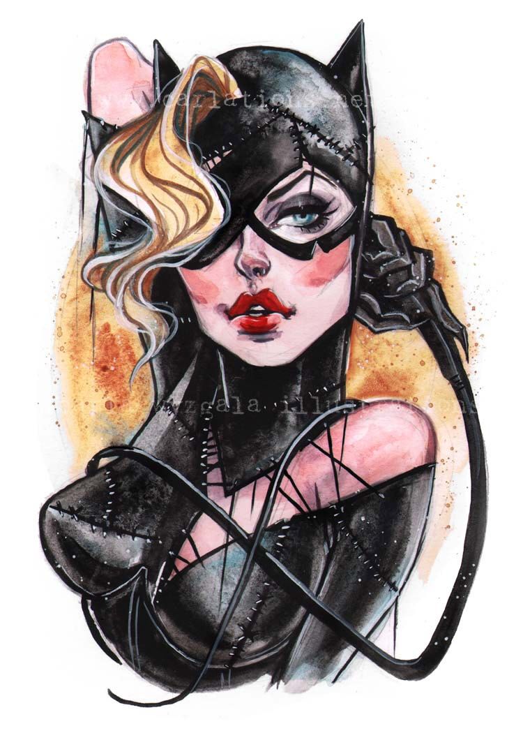 750x1050 Gotham Batman Returns Catwoman Inspired Pin Up Watercolor Art
