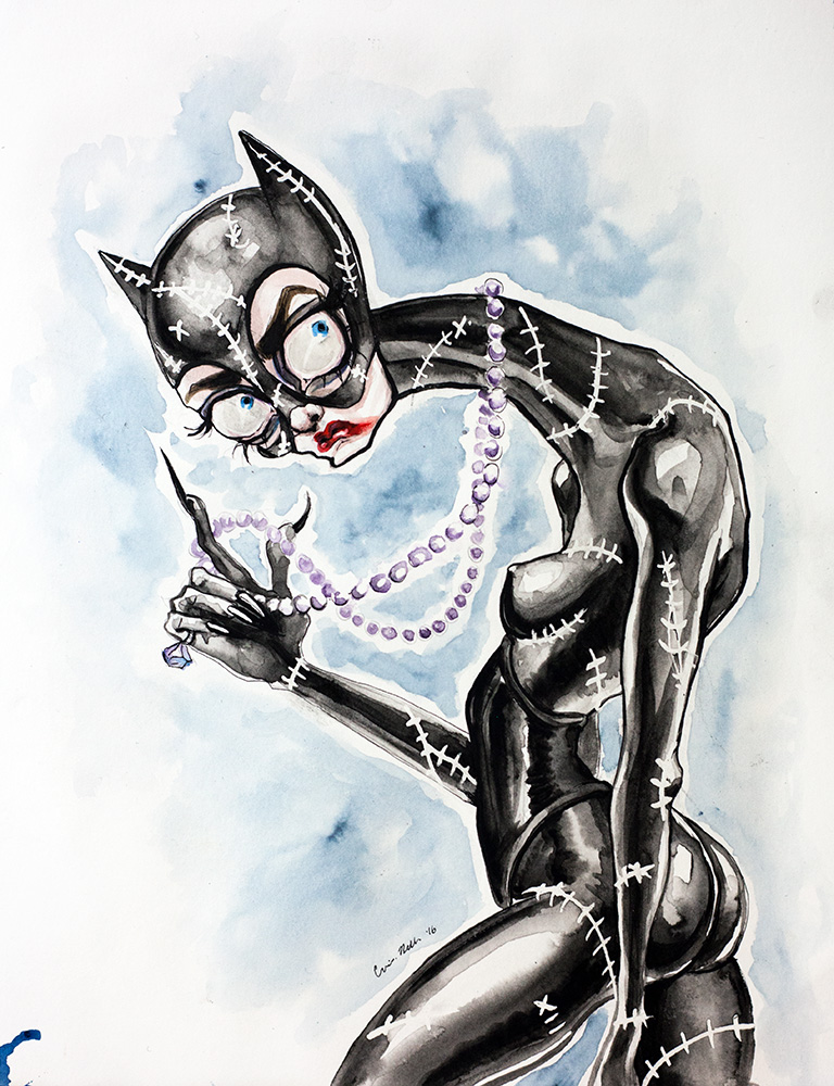 768x1000 Tim Burtons Catwoman Watercolor Painting By Asunder