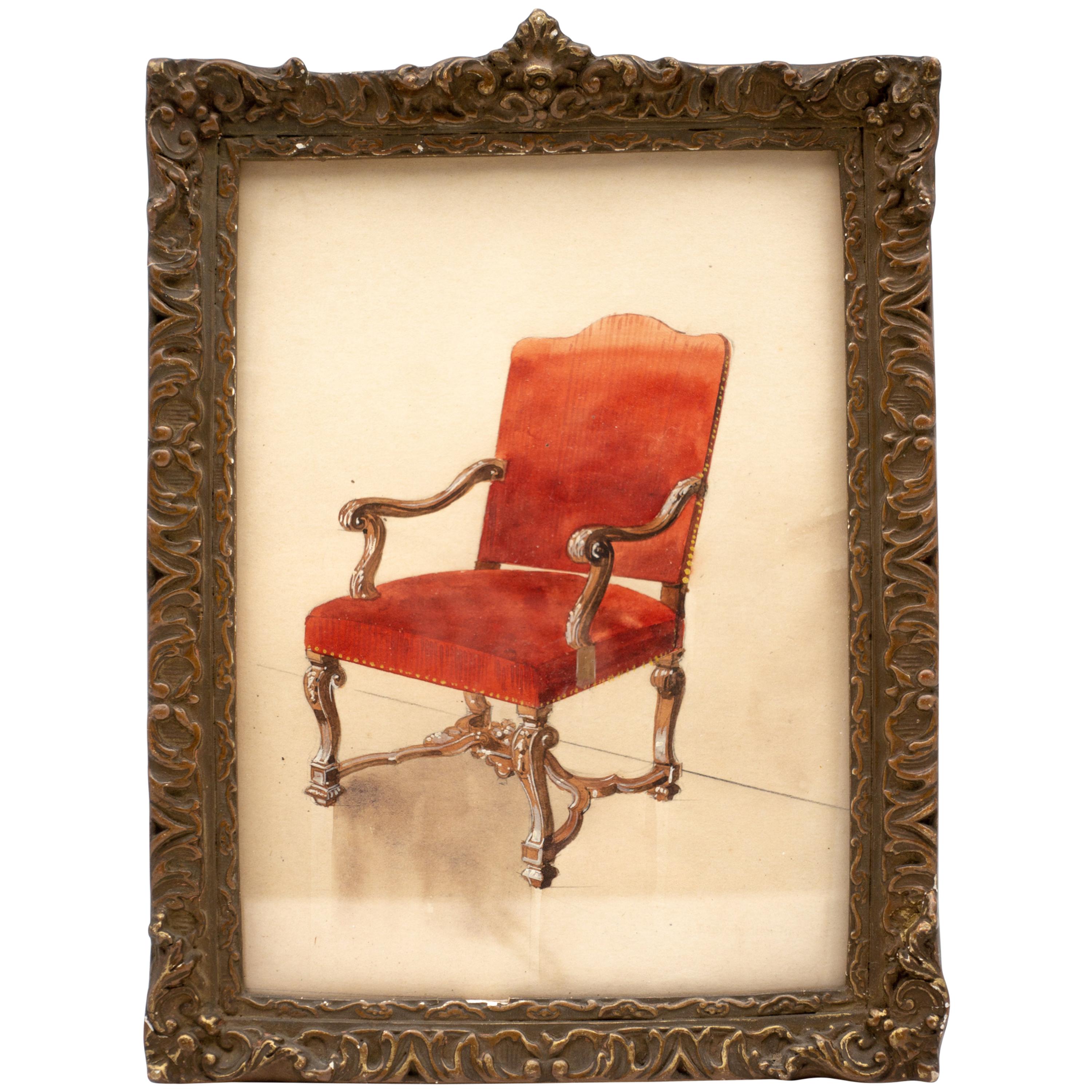 3000x3000 Framed French 19th Century Watercolor Of Louis Xiv Chair For Sale