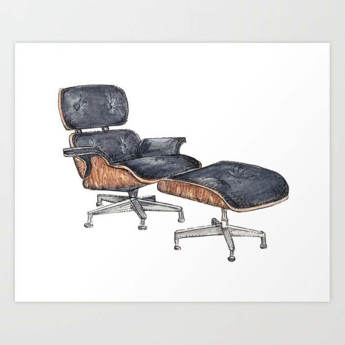 700x700 Black Eames Lounge Chair Watercolor And Pen And Ink Art Print By