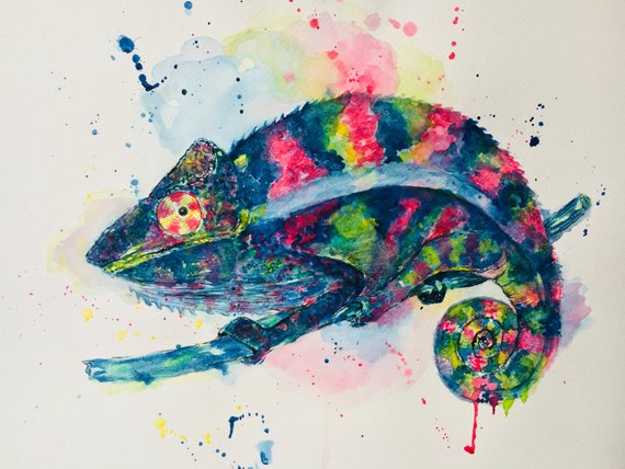 570x428 Trendy Multicolor Chameleon Watercolor Painting Art Deco Etsy