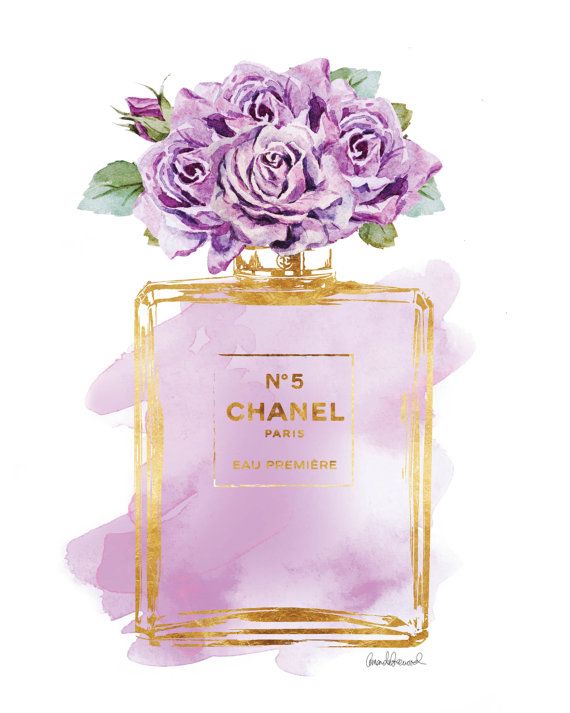 570x713 Chanel No5 Print 8x10 Purple Rose Watercolor Gold By Hellomrmoon
