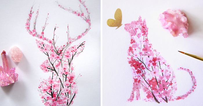 700x367 I Watercolor Cherry Blossom Animals Bored Panda