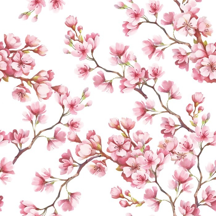 700x700 Seamless Pattern With Cherry Blossoms. Watercolor Illustration