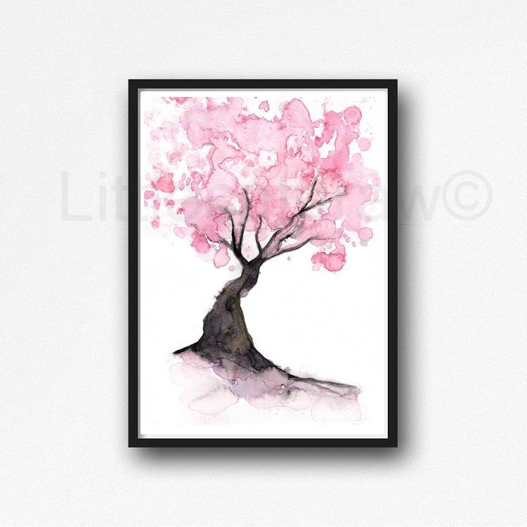 750x750 Buy Deep Pink Cherry Blossom Tree Watercolor Painting Print