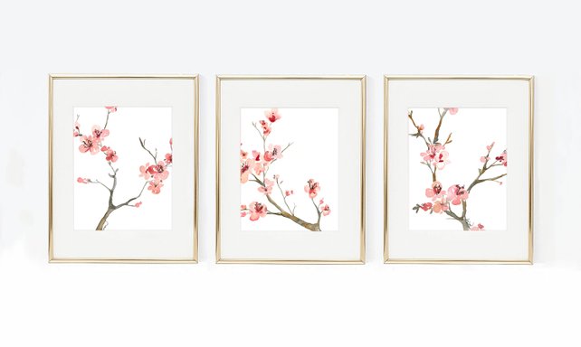 642x384 Cherry Blossom Watercolor Paintings Set Of 3 Prints Trio Etsy