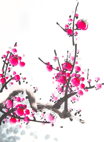 356x486 Chinese Watercolor Cherry Painting Stock Vectors