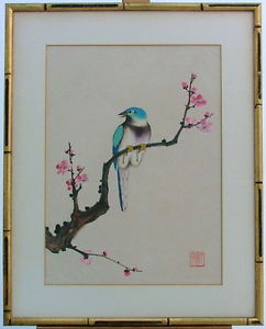 242x300 Japanese Asian Blue Bird Cherry Blossom Tree Watercolor Painting