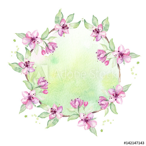 500x500 Spring Wreath. Floral Frame With Cherry Flowers, Apple Flower