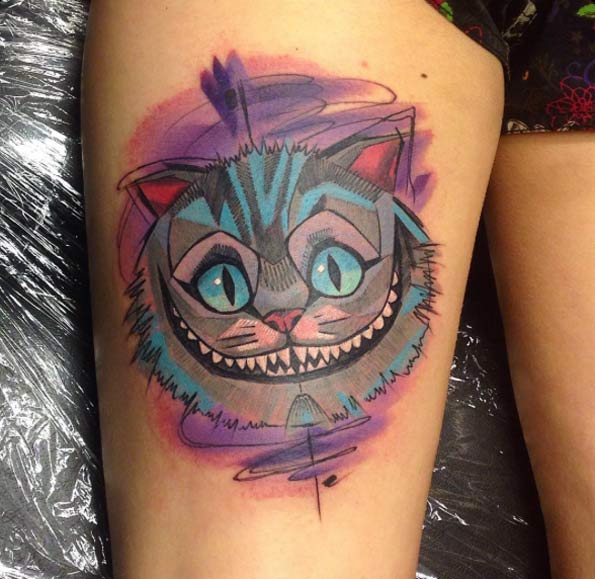 595x579 Watercolor Cheshire Cat Tattoo On Thigh