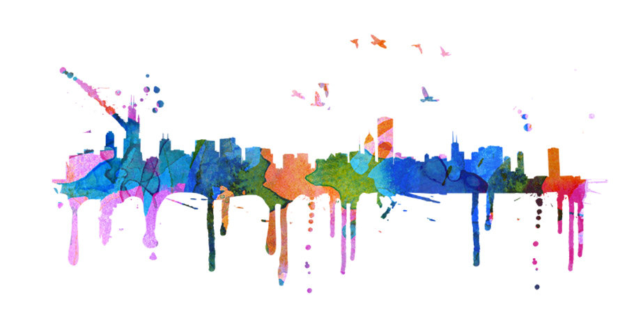 900x457 Chicago Skyline Watercolor City Decal Art Print Moonwallstickers