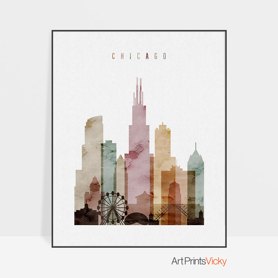 900x900 Chicago Skyline Art Print Watercolor 1 Artprintsvicky