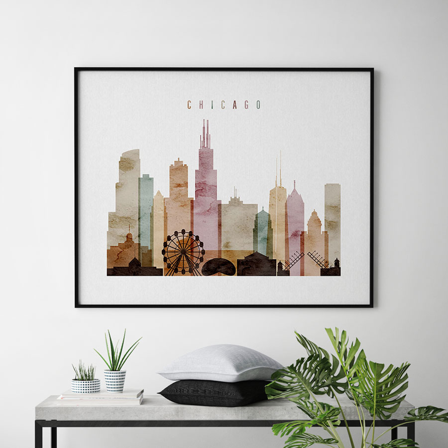 900x900 Chicago Skyline Print Watercolor 1 Landscape Artprintsvicky