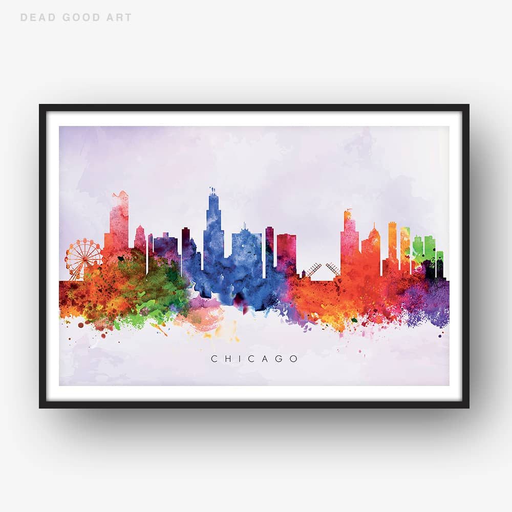 1000x1000 Chicago Skyline, Purple Wash Watercolor Print Dead Good Art