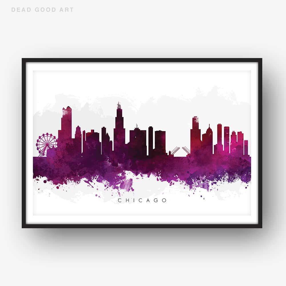 1000x1000 Chicago Skyline, Purple Watercolor Print Dead Good Art
