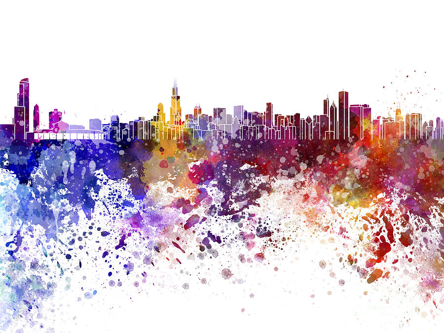 900x675 Chicago Skyline In Watercolor On White Background Painting By