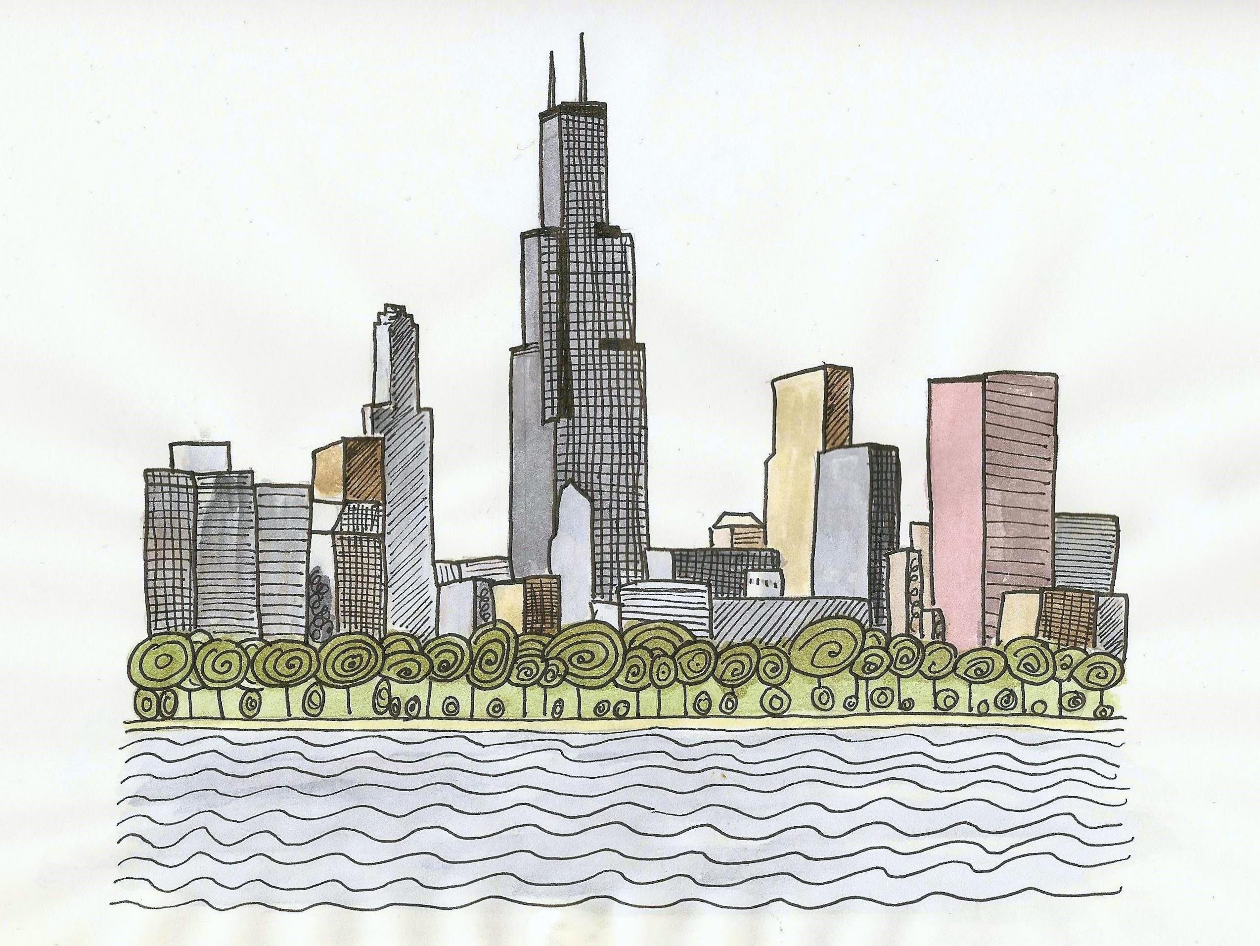 2548x1912 Chicago Skyline Watercolor Drawing 4