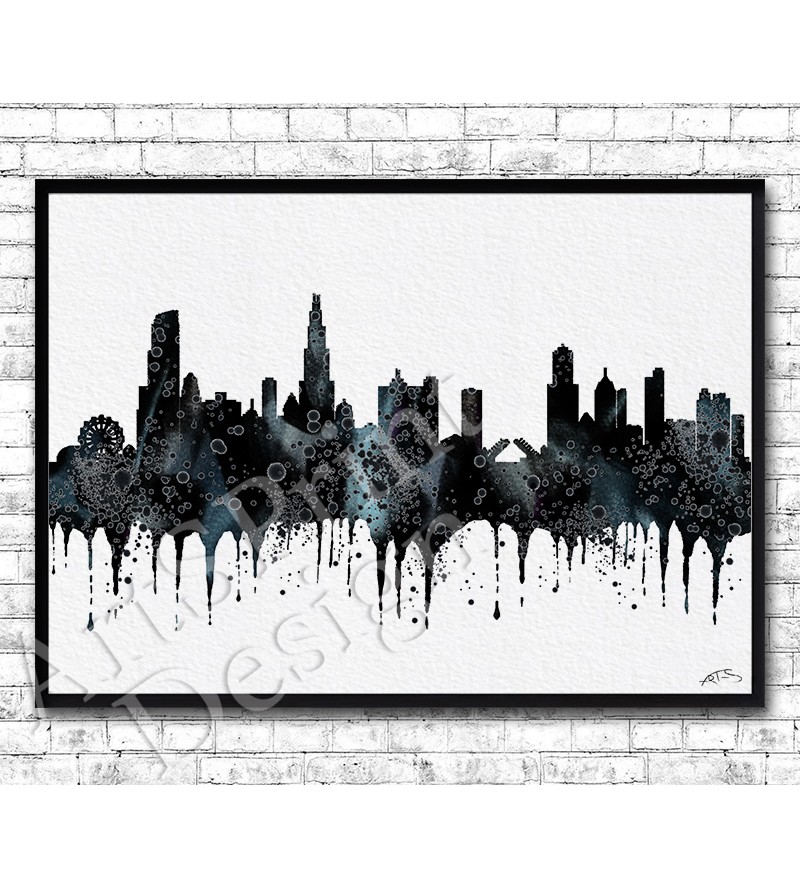 800x888 Chicago Watercolor Print Black