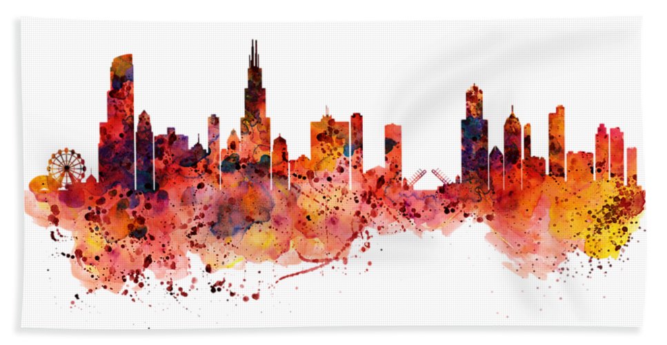 967x500 Chicago Watercolor Skyline Beach Sheet For Sale By Marian Voicu