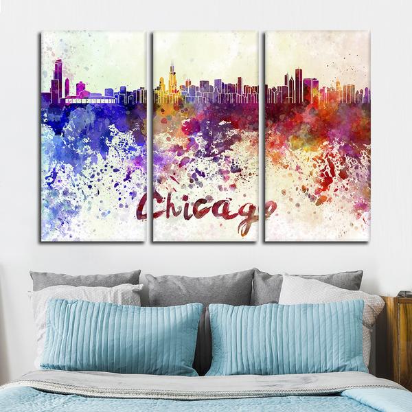 600x600 Chicago Watercolor Skyline Multi Panel Canvas Wall Art Elephantstock