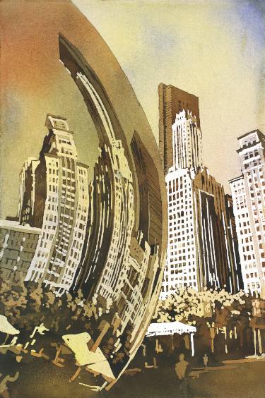 375x564 Watercolor Painting Of Cloud Gate (Chicago Bean) Statue And