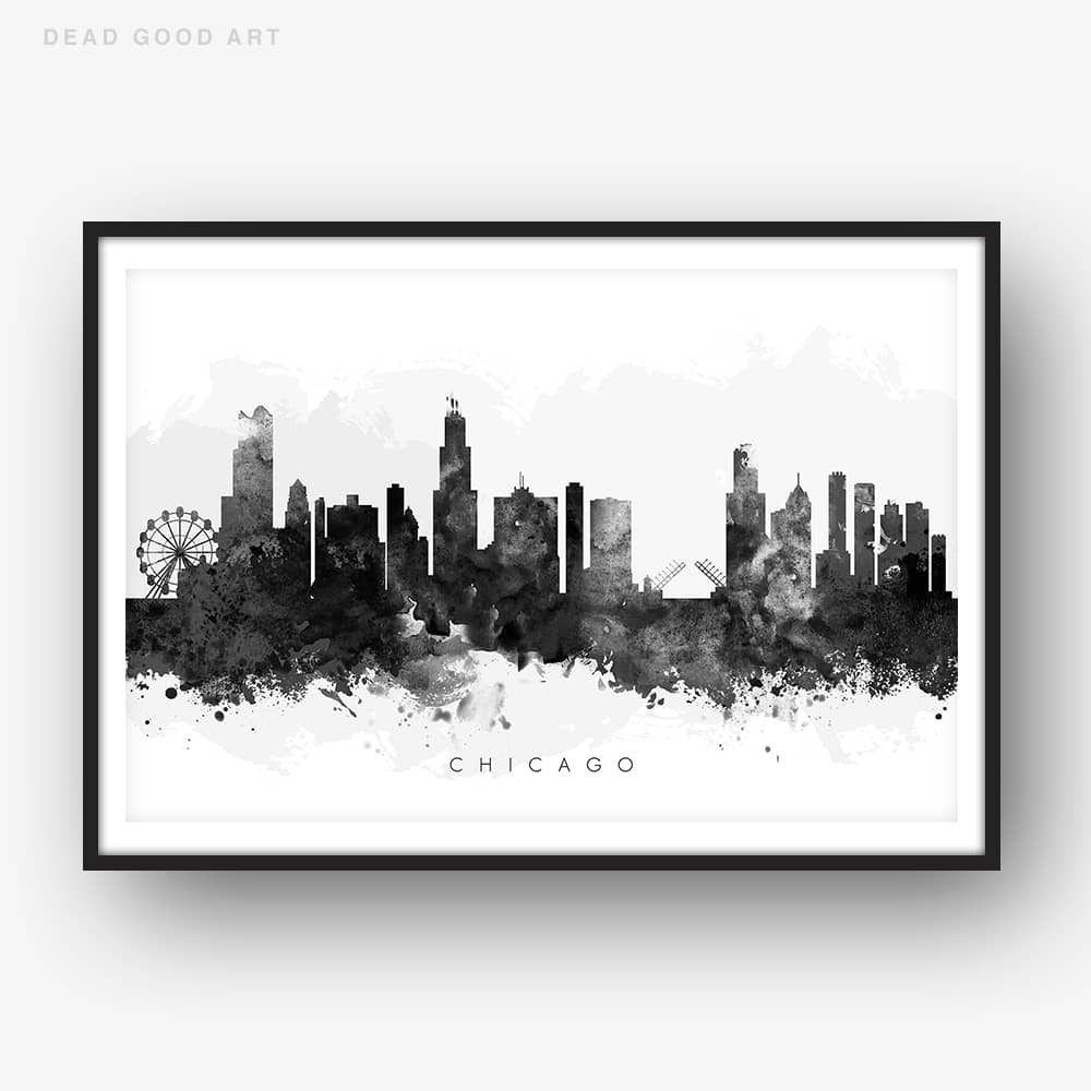 1000x1000 Chicago Skyline, Black Amp White Watercolor Print Dead Good Art