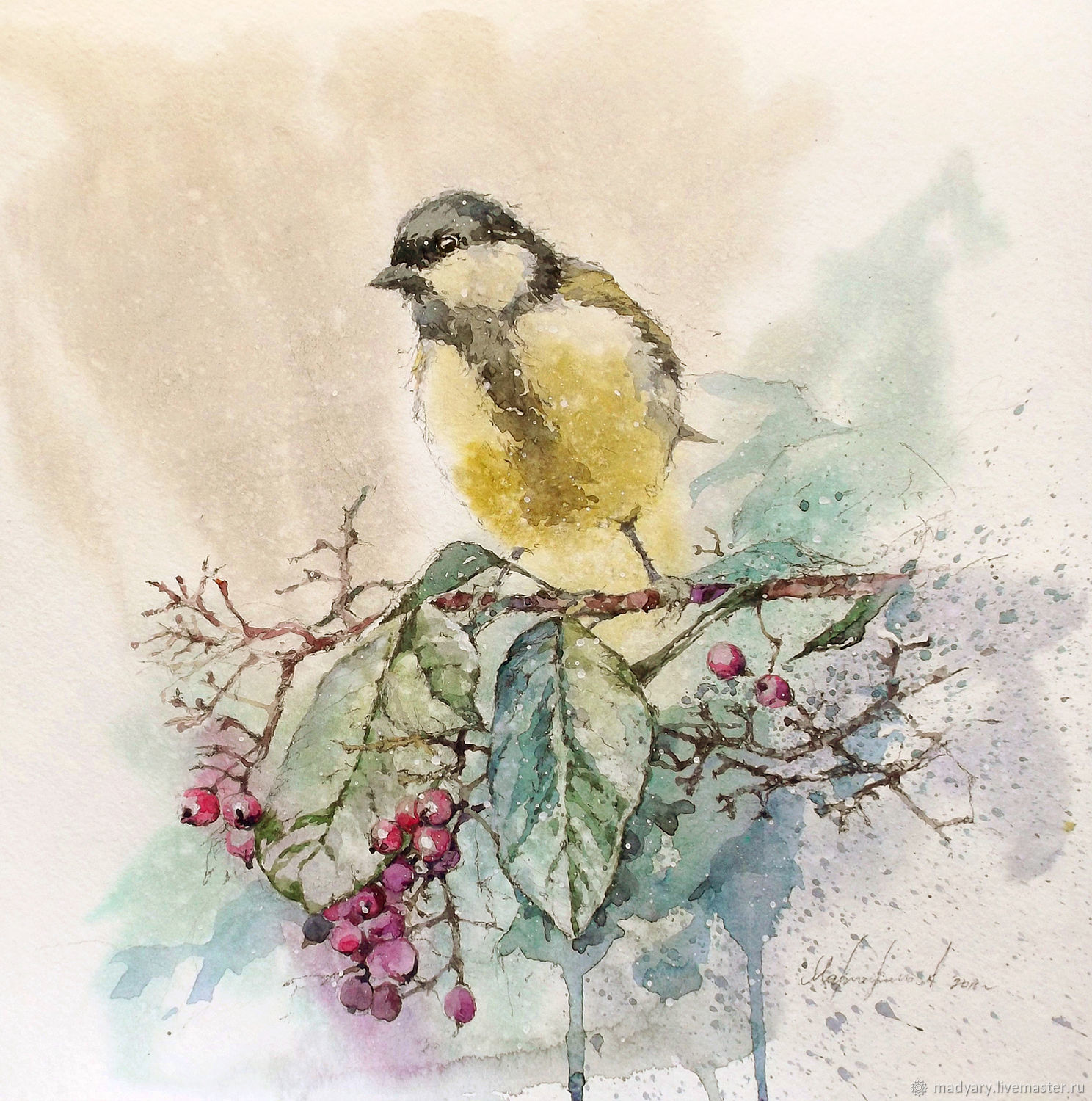 1488x1500 Painting Watercolor Chickadee And Berries (Emerald, Olive