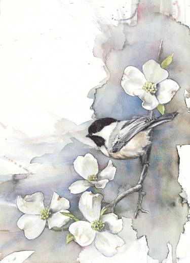 375x518 Chickadee On Dogwood Painting By Anne Balogh Saatchi Art