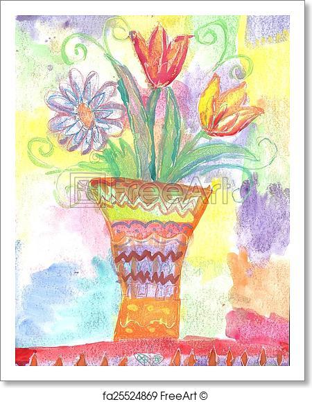 450x580 Free Art Print Of Watercolor Children Drawing Flowers. Watercolor