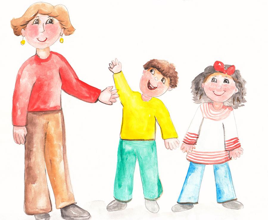 900x737 Watercolor Young Teacher With Smiling Children Happy Painting By