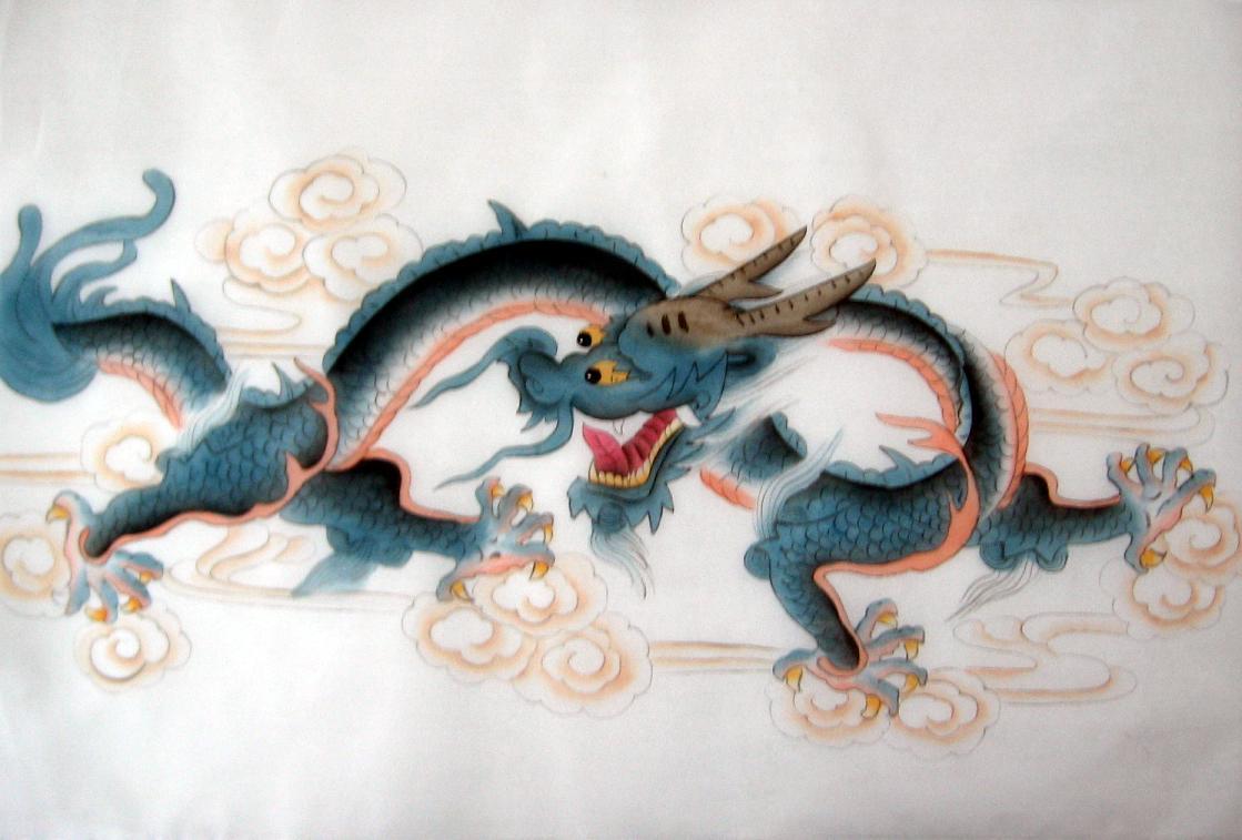 1119x757 Chinese Blue Horned Dragon Painting On Silk Fabric