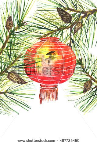 318x470 Chinese Lantern, Lamp, Bay. Pine Branch. Asian Style. Watercolor