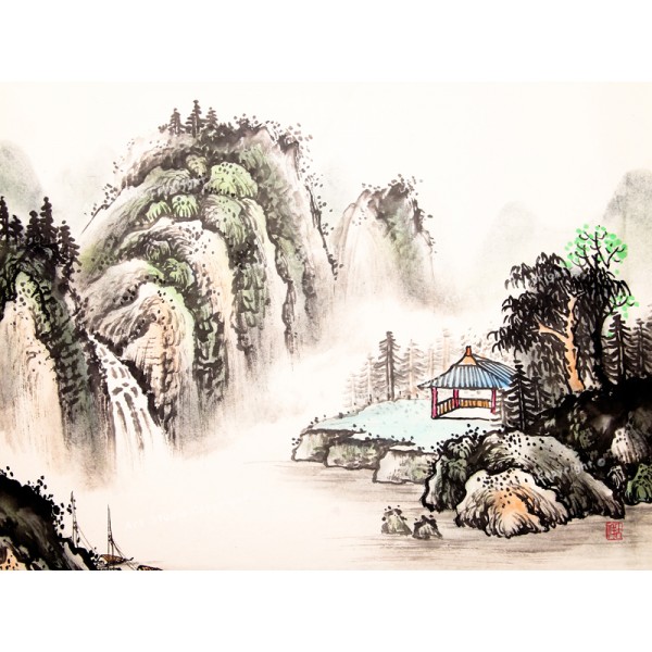 600x600 Chinese Watercolor Landscape In A Misty Mountain On Canvas