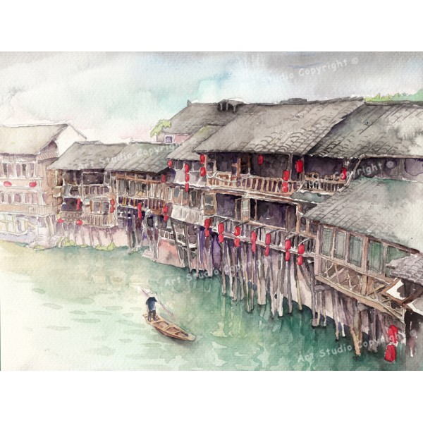 600x600 Watertown In China And Fisherman Chinese Watercolor Art On Canvas