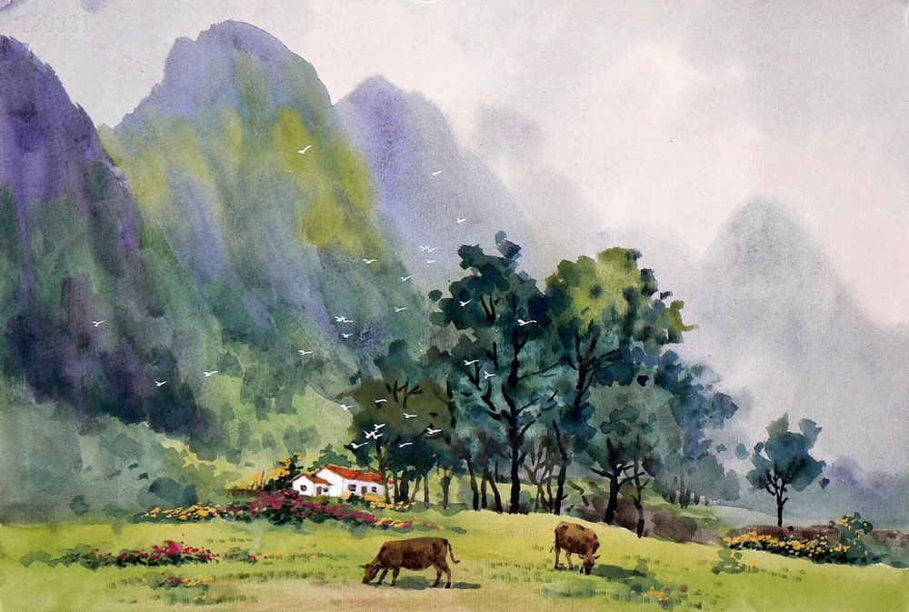 1000x673 Chinese Painting Mountains, Trees, Watercolor