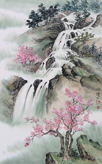 327x525 Chinese Waterfall And Mountain Landscapes Painted By