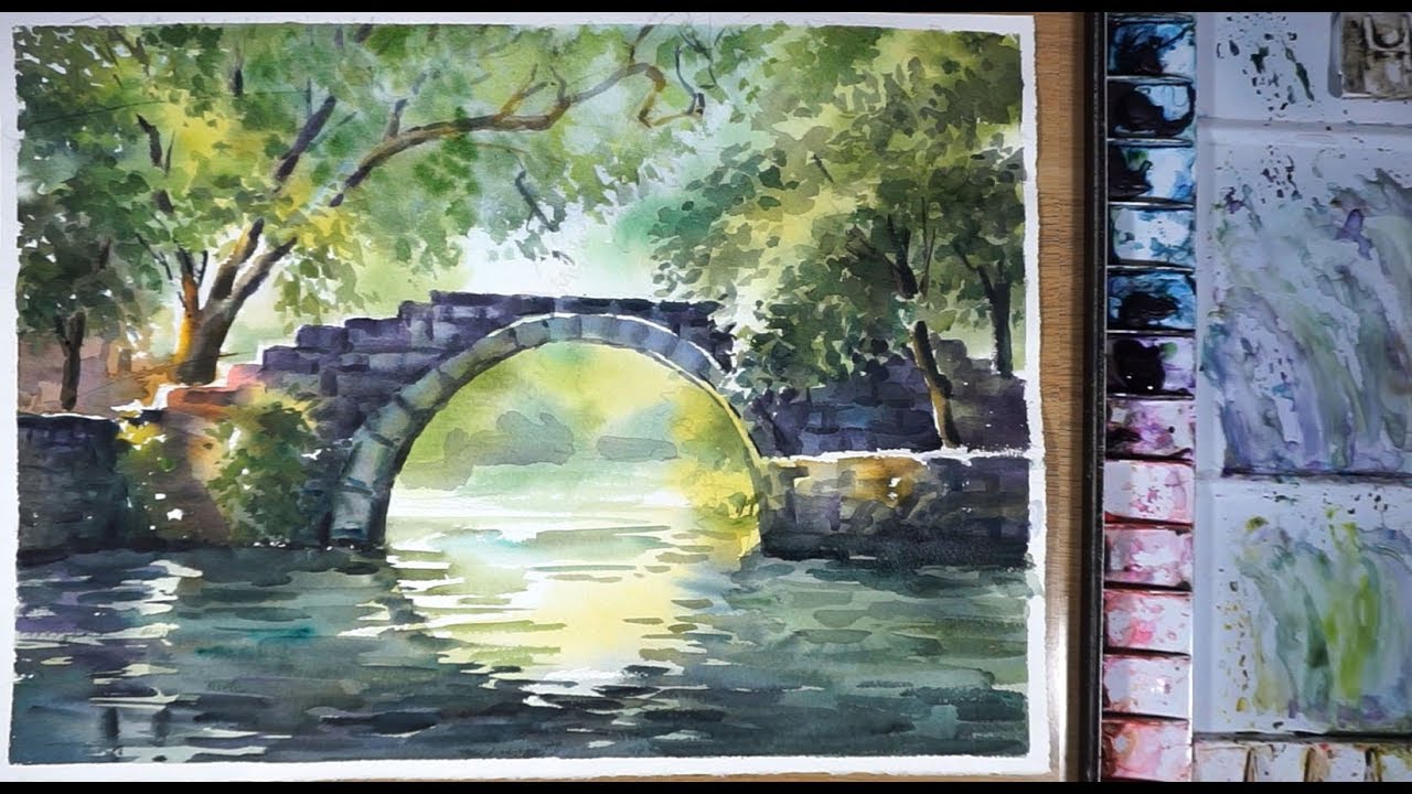 1280x720 Watercolor Landscape Painting A Chinese Stone Bridge