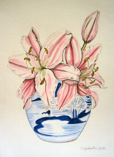 465x640 Pink Lilies In A Blue And White Chinese Jar. Watercolour And Ink