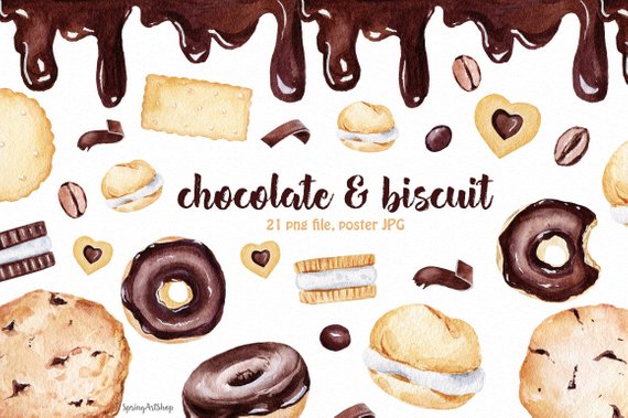 570x379 Chocolate Amp Biscuits Watercolor Clipart Watercolor Food Etsy