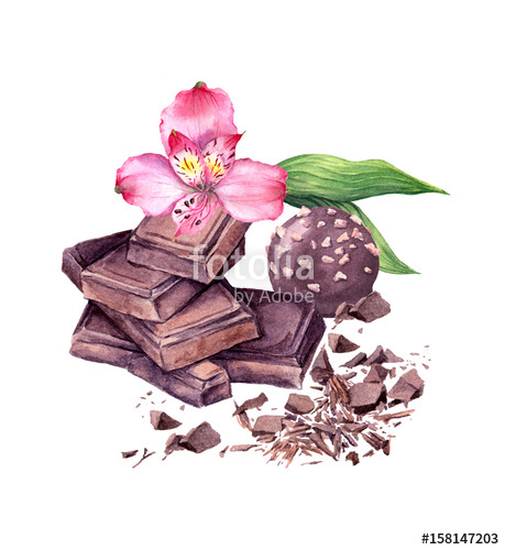 459x500 Chocolate Block, Chocolate Candy And Pink Flower. Watercolor